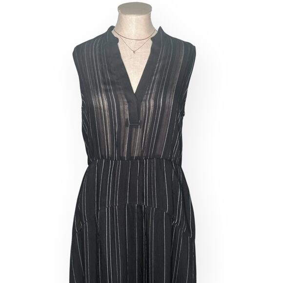 VINCE Draped Pinstripe A-Line Midi Black Dress Striped Coastal Preppy Minimalist - Picture 4 of 15